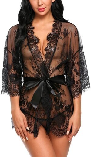 Avidlove - Kimono Robe Babydoll Lingerie Mesh Nightgown