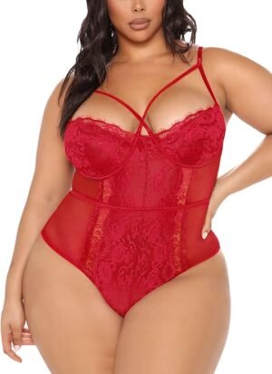 Kaei&Shi - Plus Size Eyelash Lace Bodysuit